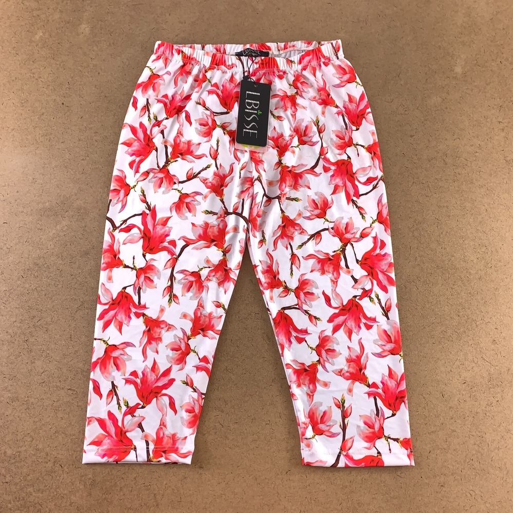 Lbisse Women's Size Medium White Red Floral Print Knee Length Capri Leggings NWT